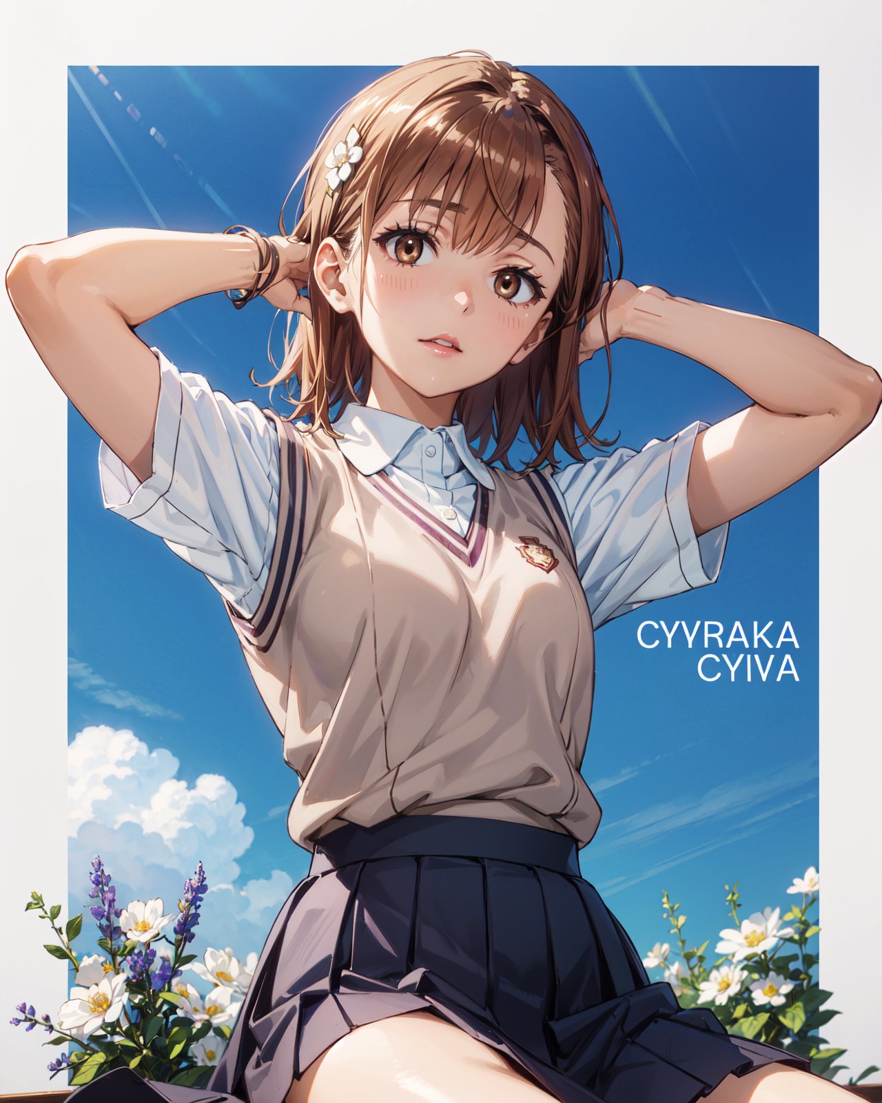 <lora:Misaka-000001:0.8>,Misaka CYQL,1girl,looking at viewer,solo,brown hair,short hair,hair ornament,hairclip,flower,hair flower,brown eyes,school uniform,sweater vest,brown sweater vest,summer uniform,shirt,white shirt,short sleeves,school emblem,skirt,pleated skirt,grey skirt,socks,(sleepy:1.2),beautiful face,beautiful eyes,glossy skin,shiny skin,(portrait,from_below,wariza:1.2),adjusting hair,Lavender rows, Purple blooms, Summer sunshine, Fragrant air, Lavender harvest, English countryside,beautiful detailed sky,beautiful detailed glow,(English text:1.3),(border:1.5),posing in front of a colorful and dynamic background,(masterpiece, best quality, beautiful and aesthetic:1.3),contrapposto,female focus,fine fabric emphasis,wallpaper,fashion,Lipstick,depth of field,intricate_detail,finely_detailed,fine_fabric_emphasis,(glossy),<lora:增强减少细节add_detail:0.4>,