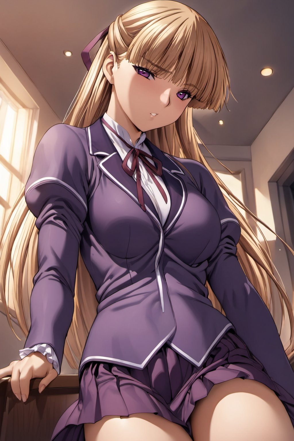 high detailed,very aesthetic,cowboy shot,kanzaki asuka, 1girl, solo, school uniform, purple blazer, purple skirt, half updo, hair ribbon, purple eyes, blonde hair, long hair, blunt bangs, (masterpiece, high-quality, breathtaking, highres, ultra detailed), (expressive eyes, perfect face), <lora:kanzaki asuka ghost:0.8>