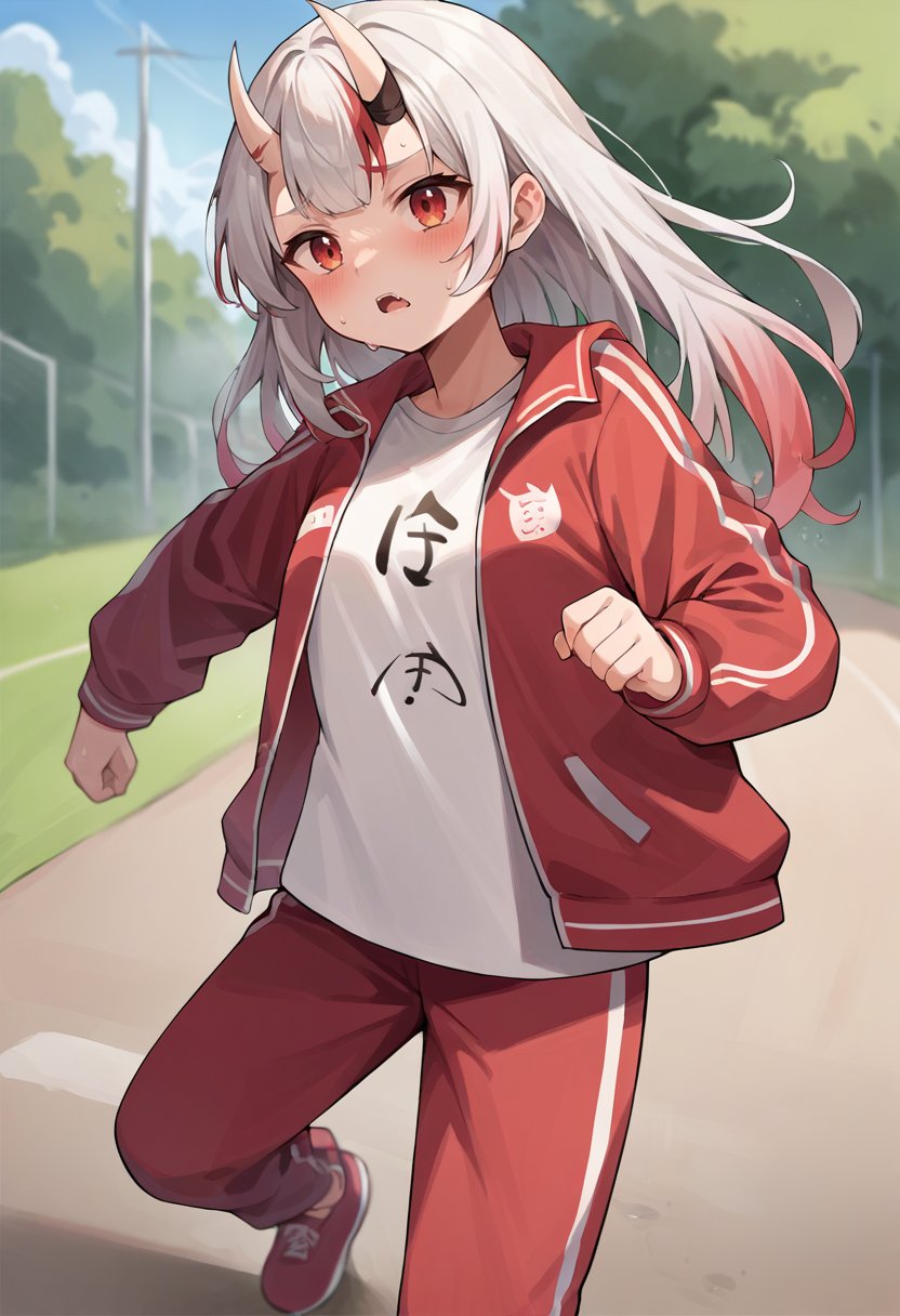 score_9, score_8_up, score_7_up, source_anime, 1girl, solo, AyameTracksuit, oni horns, long hair, red jacket, white shirt, clothes writing, red pants, track pants, running, outdoors, sweat, open mouth, blush, <lora:NakiriAyamePDXL:1>