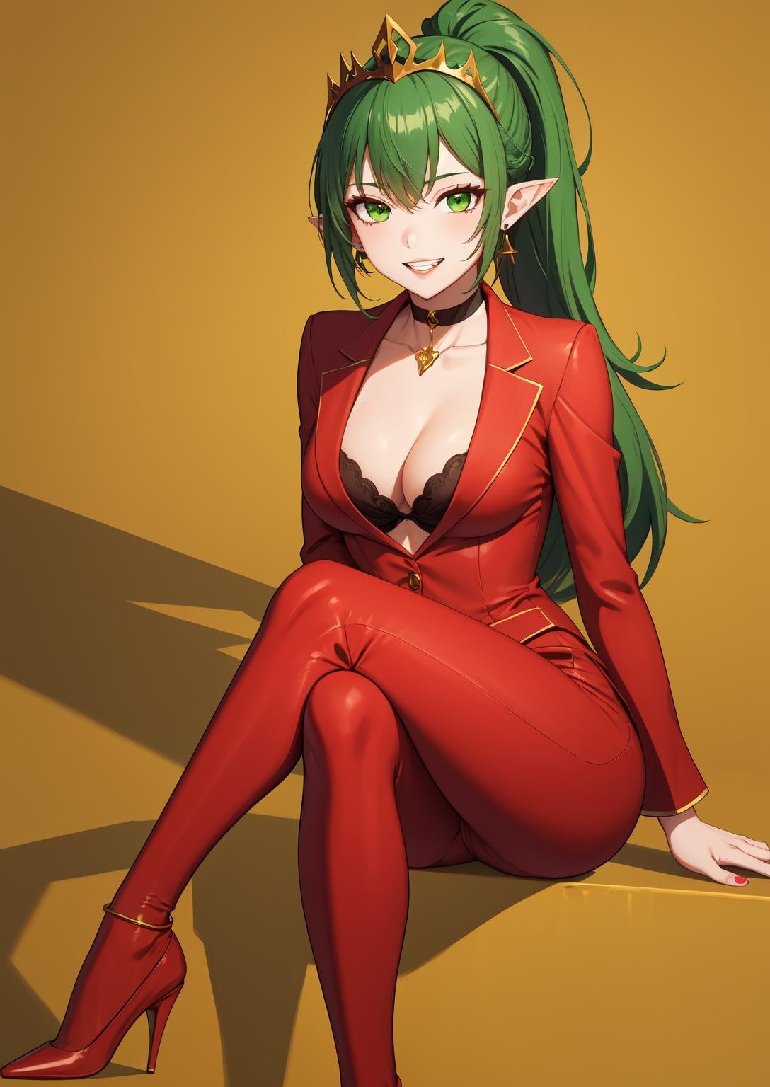 masterpiece, best quality, 1girl, breasts, cleavage, earrings, full_body, gold_choker, green_eyes, green_hair, high_heels, jewelry, long_hair, looking_at_viewer, medium_breasts, parted_lips, pointy_ears, ponytail, red_footwear, red_suit, smile, solo, suit, teeth, tiara, yellow_background