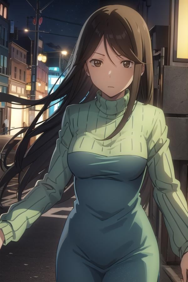 namieyagiri, <lora:namie yagiri s1-lora-nochekaiser:1>,namie yagiri, long hair, black hair, (brown eyes:1.3), (swept bangs:1.5),BREAK sweater, turtleneck, green sweater,BREAK outdoors, city, night, sky, starry sky, moon,BREAK looking at viewer, (cowboy shot:1.5),BREAK <lyco:GoodHands-beta2:1>, (masterpiece:1.2), best quality, high resolution, unity 8k wallpaper, (illustration:0.8), (beautiful detailed eyes:1.6), extremely detailed face, perfect lighting, extremely detailed CG, (perfect hands, perfect anatomy),