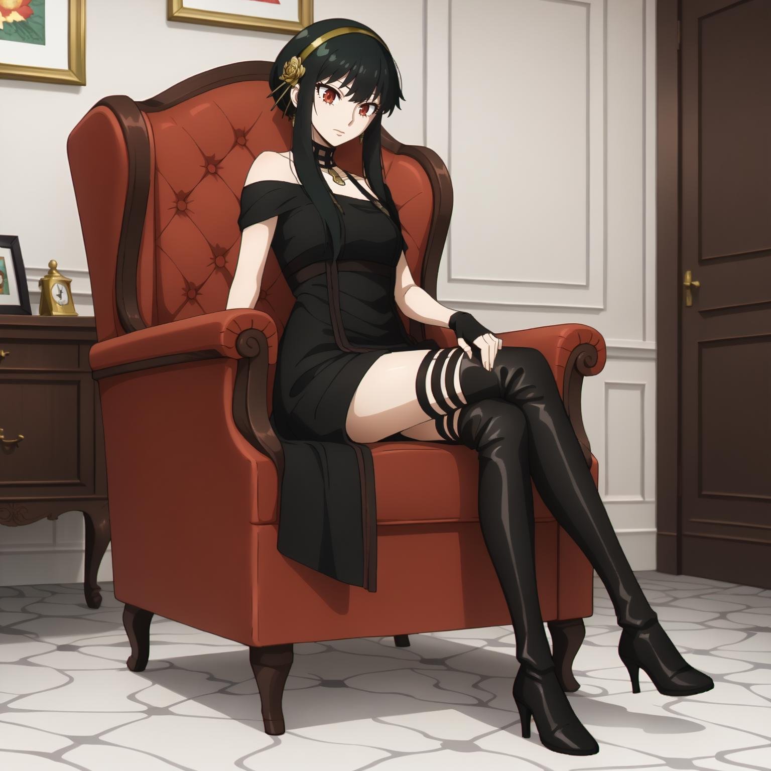 <lora:YorForgerXLpony004>,solo,YorForger,1girl,black hair,red eyes,short hair with long locks,gold hairband,hair flower,black choker,black dress,sleeveless,off shoulder,floral_print,fingerless gloves,black footwear,thigh high heel boots,full body,sitting,chair,