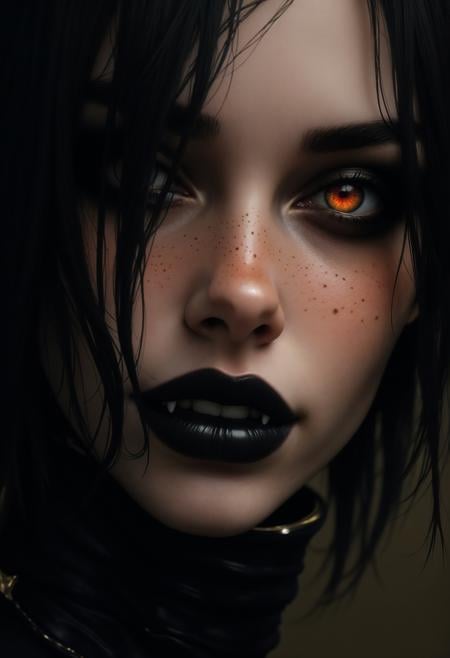 best quality, extremely detailed, highest quality, intricate linework, intricate details, detailed face, realistic photographic portrait of a stunningly beautiful woman, detailed eyes, serana, skyrim, vampire, black hair, freckles, fangs, red eyes, slit pupils, orange eyes, yellow eyes, glowing pupils, glowing eyes, sharp fingernails, black lips, , Cinematic Hollywood Film, Cinematic Hollywood Film style, Warm Lighting Style, Goth girl, Goth girl 1girl, reddit, low quality, traditional media, amateur, real life photo, raw, film grain, perfecteyes<lora:FluxF4ngs:1>