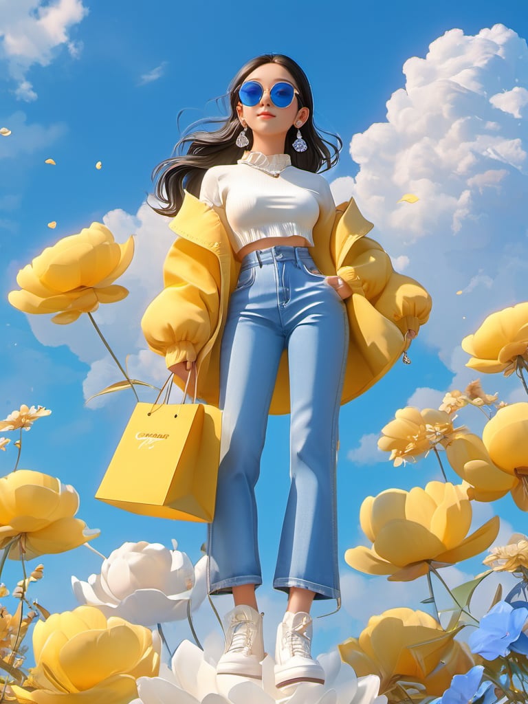 gwnh01,1girl,solo,jewelry,pants,long hair,earrings,sky,flower,hoop earrings,jacket,cloud,sunglasses,blue sky,holding,white footwear,denim,outdoors,black hair,jeans,round eyewear,day,tinted eyewear,yellow jacket,bag,shirt,yellow flower,full body,off shoulder,white shirt,long sleeves,high-waist pants,blue pants,shoes,standing,phone,holding bag,looking at viewer,open clothes,from below,midriff,crop top,wind,brown hair,petals,<lora:gwnh-XL:0.8>,, best quality, ultra-detailed, masterpiece, finely detail, highres, 8k wallpaper