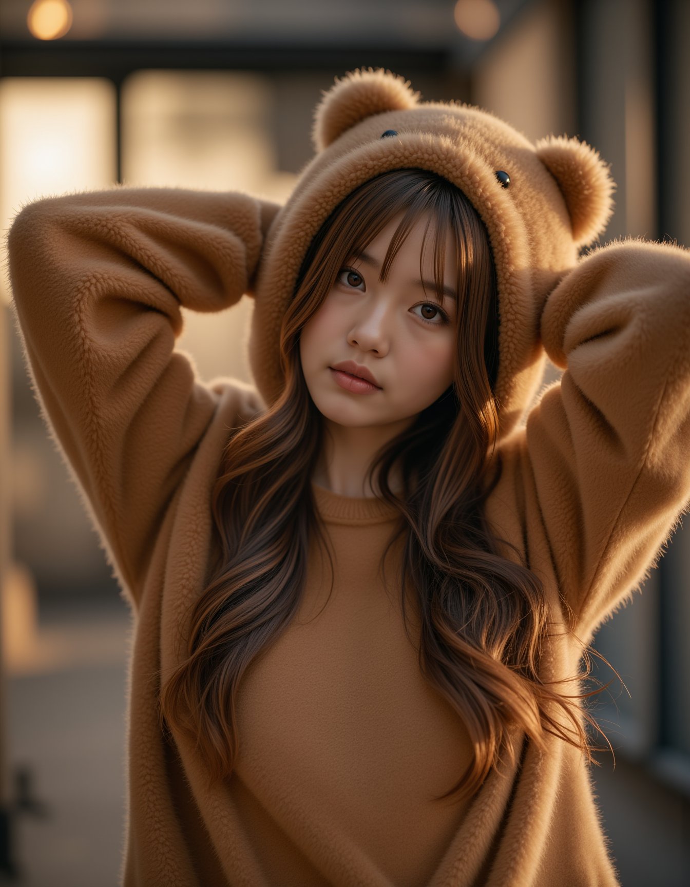 best quality, masterpiece, realism, realistic, long sweater fur-suit with bear costume, hands behind the head, cheats cutout, analogue photo of adult girl in costume, looking at viewer, long hair, extremely beautiful detailed face, medium breasts, (cute face, temptations look), eye level, professional photo, high contrast exposure, soft bokeh, high key light, hard shadow, soft bokeh, playful theme,