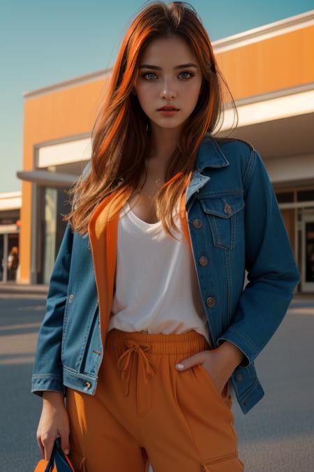 (RAW photo, best quality), (realistic, photo-realistic:1.30),girly,solo,1girl,detailed eyes,hair decoration,trendy expression,jacket,top,pants,(style:1.5),outdoors,mall,clothes,detailed background,(blue and orange tone impression:1.3), soft lighting,gorgeous light and shadow ,stunning environment, hyperdetailed, (aestheticism), ethereal, golden hour,