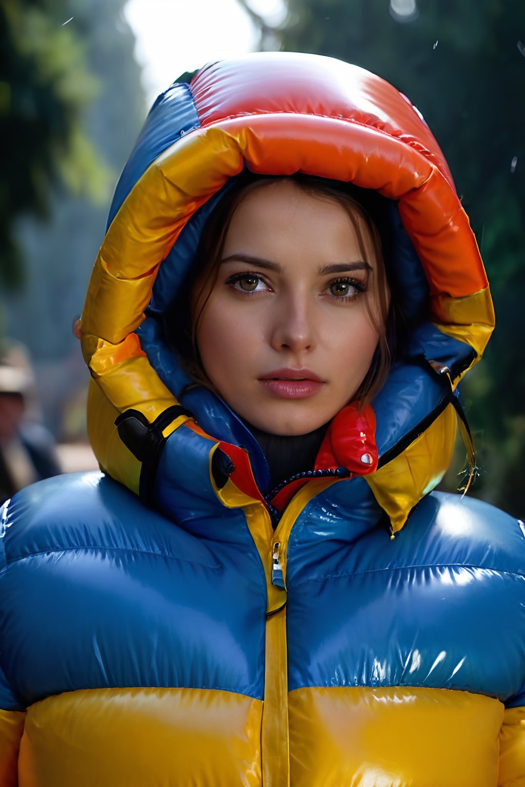 Stunning portrait of a sweet, cute, slim, long haired, young European woman. she is dressed in (shiny), colorful, completely enclosureable, (puffer down outfit:1.3) by parkasite, very high yoked. emotional, tempting, dramatic, high detail, realistic, realistic character design, inspiring, intense emotion, masterpiece, 8k, RAW photo, portrait, best quality, ultra high res, photorealistic, cinematic lightning, digital painting, storytelling, high resolution, depth of field, lens flare, <lora:Parkasite_XL:0.7>
