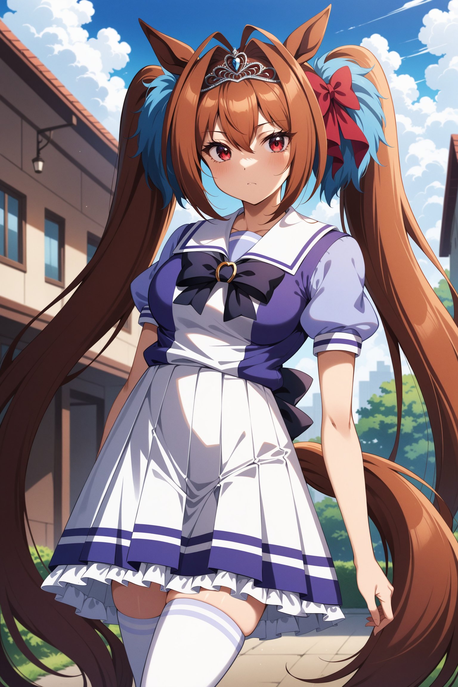 (masterpiece, best quality, very aesthetic, ultra detailed), intricate details, 4k, anime style, aadaiwa, long hair, twintails, hair bow, animal ears, tiara, horse tail, school uniform, sailor collar, purple bowtie, sailor shirt, purple shirt, puffy short sleeves, pleated skirt, white skirt, white thighhighs, <lora:daiwa_scalet_XL_v1:0.9>, standing, cowboy shot, outdoors