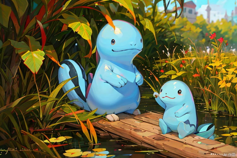 masterpiece,best quality,Quagsire,smooth,Punctate eyes,blue body,smile,full body,sitting,hand up,pokemon \(creature\),no humans,three-toed,Thick tail<lora:EMS-343911-EMS:0.800000>