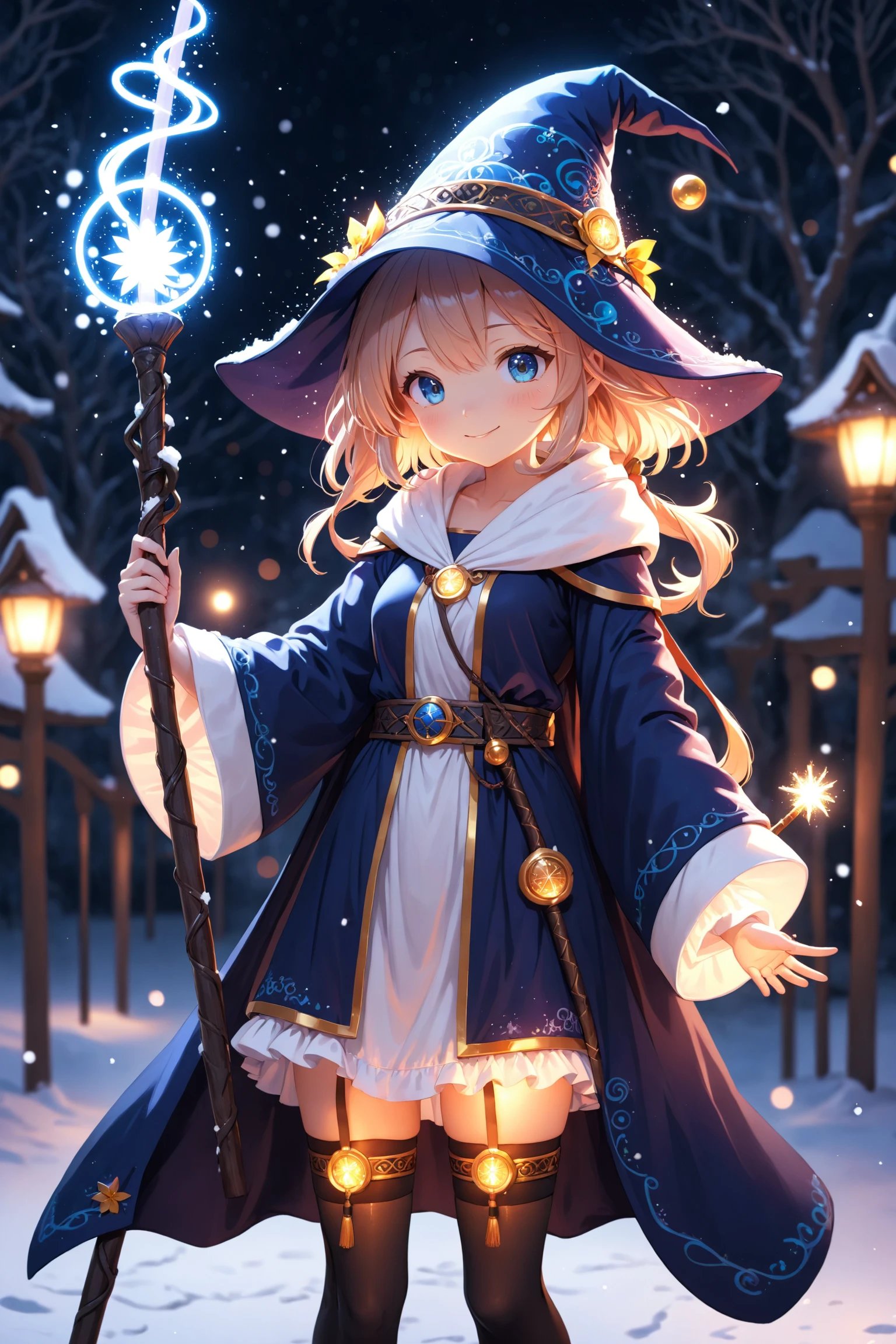 anime, cute girl, wizard hat, robe, thigh-highs, holding ancient staff, happy, midnight, bloom, ambient occlusion, glow, glowing lights, light particles, transparent, translucent, bokeh, depth of field, snow, wind