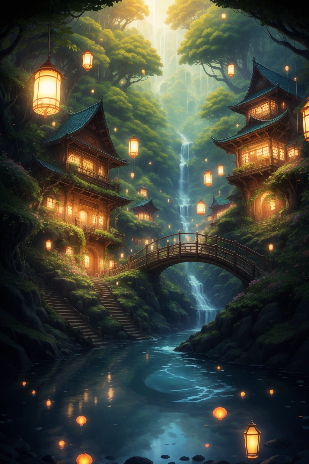 Floating lanterns,winding paths,colorful buildings,lush green plants,hidden waterfallsand magical creatures roam around,QHCZ 