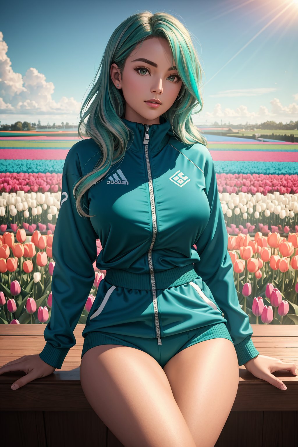 masterpiece of photorealism, photorealistic highly detailed professional 8k raw photography, best hyperrealistic quality, volumetric real-time lighting and shadows, Zoom Out Shot Photography, Interstellar Explorer, Hourglass: Balanced proportions with a well-defined waist, similar bust and hip measurements,  **Velour Tracksuit for a Sporty and Comfortable Look**, Ocean Wave Blue and Seafoam Green Balayage, Seated Elegance: Sitting gracefully, emphasizing posture and poise., Aerial Views of Colorful Tulip Fields full of busy people
