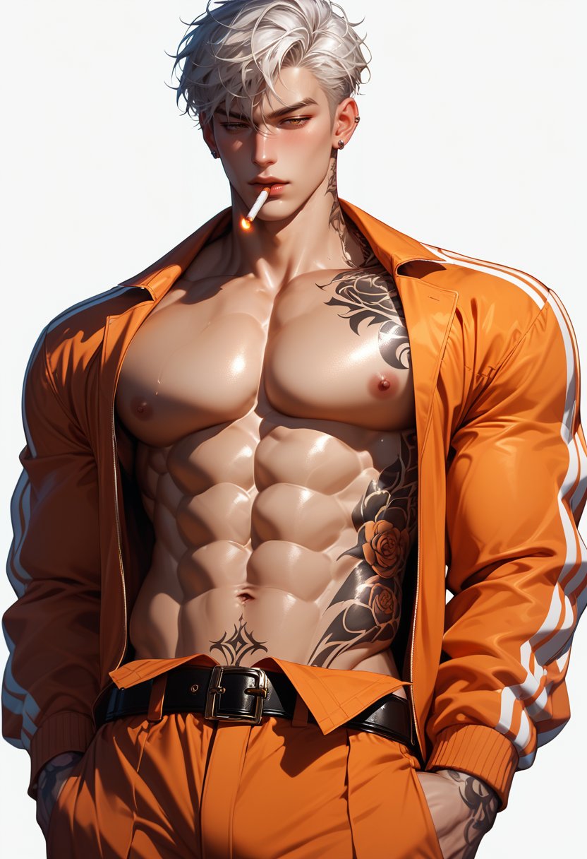 (score_9, score_8_up), score_7_up, score_6_up, 1boy, bishounen, blush, short hair, white background, simple background, navel, underwear, nipples, white hair, red gloves, male focus, open clothes, orange track suit, piercings, half-closed eyes, tattoos, holding cigarette, belt, muscular, abs, pectorals, torso tattoo, muscular male, bara, large pectorals, black belt, male underwear, bare pectorals, 