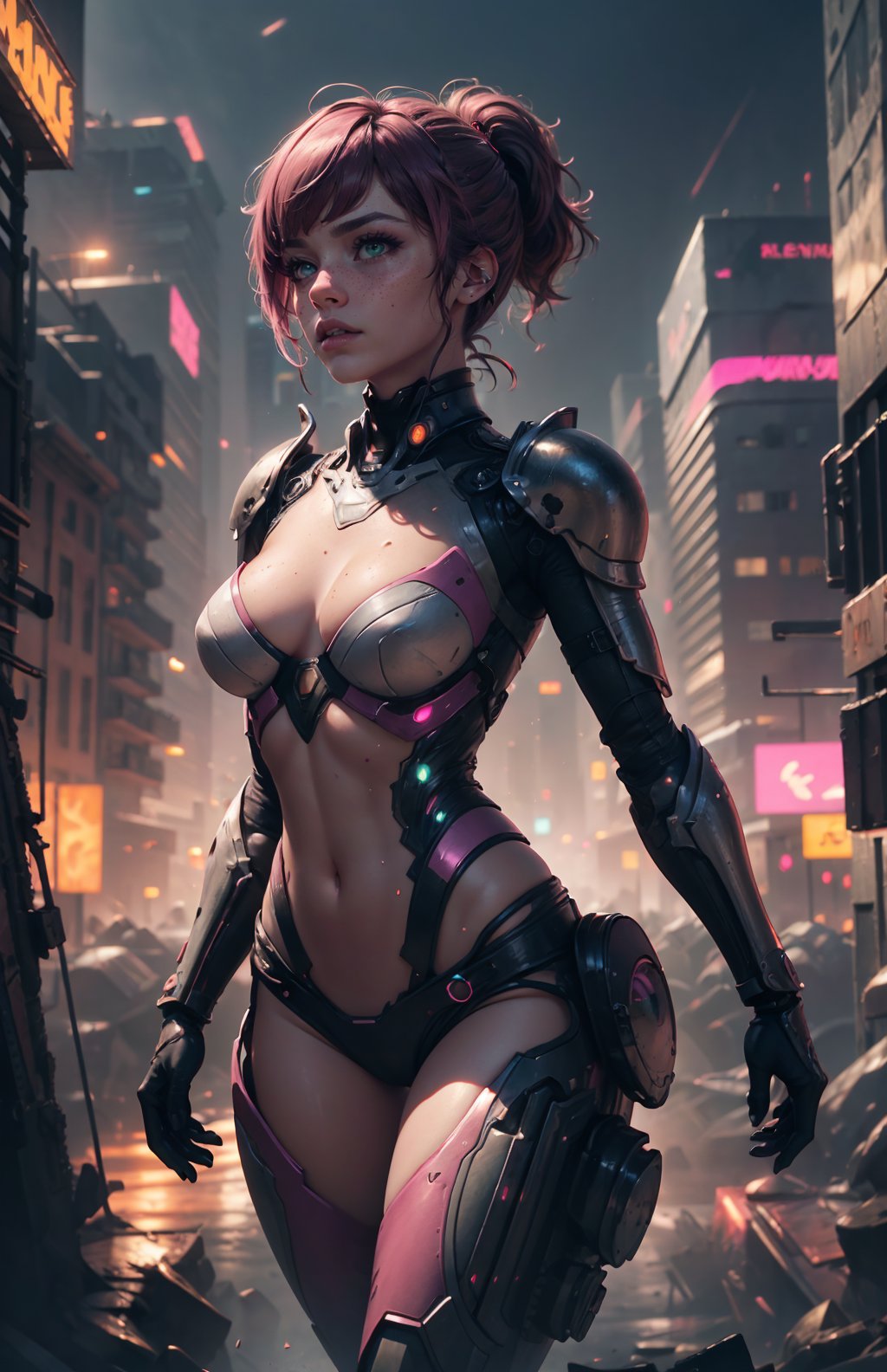 highres, masterpiece, perfect lighting, bloom, cinematic lighting, adult, female, looking off camera, cowboy shot, dynamic action pose, (RSEEmma:1.5),<lora:RSERomantic_RSESofiko_RSEEmma-v1:0.3> edgMechagirl, wearing edgMechaGirl cyber armor, intricate exoskeleton armor, pink glowing accents, blunt bangs, black hair:pink hair, messy mid ponytail, green eyes, thick eyebrows, freckles, full lips, <lora:edgMechagirl1:0.6> futuristic cityscape, dystopian landscape, sprawling metropolis, distant planet