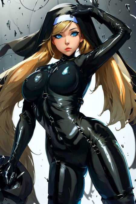 high resolution, masterpiece, high quality, anime, large breasts,  <lora:SaintBarbara:1> Ann Takamaki, blonde twintails, black latex bodysuit, body harness, nun habit, extremely glossy, hands on hips  <lora:Ann Takamaki:.6>