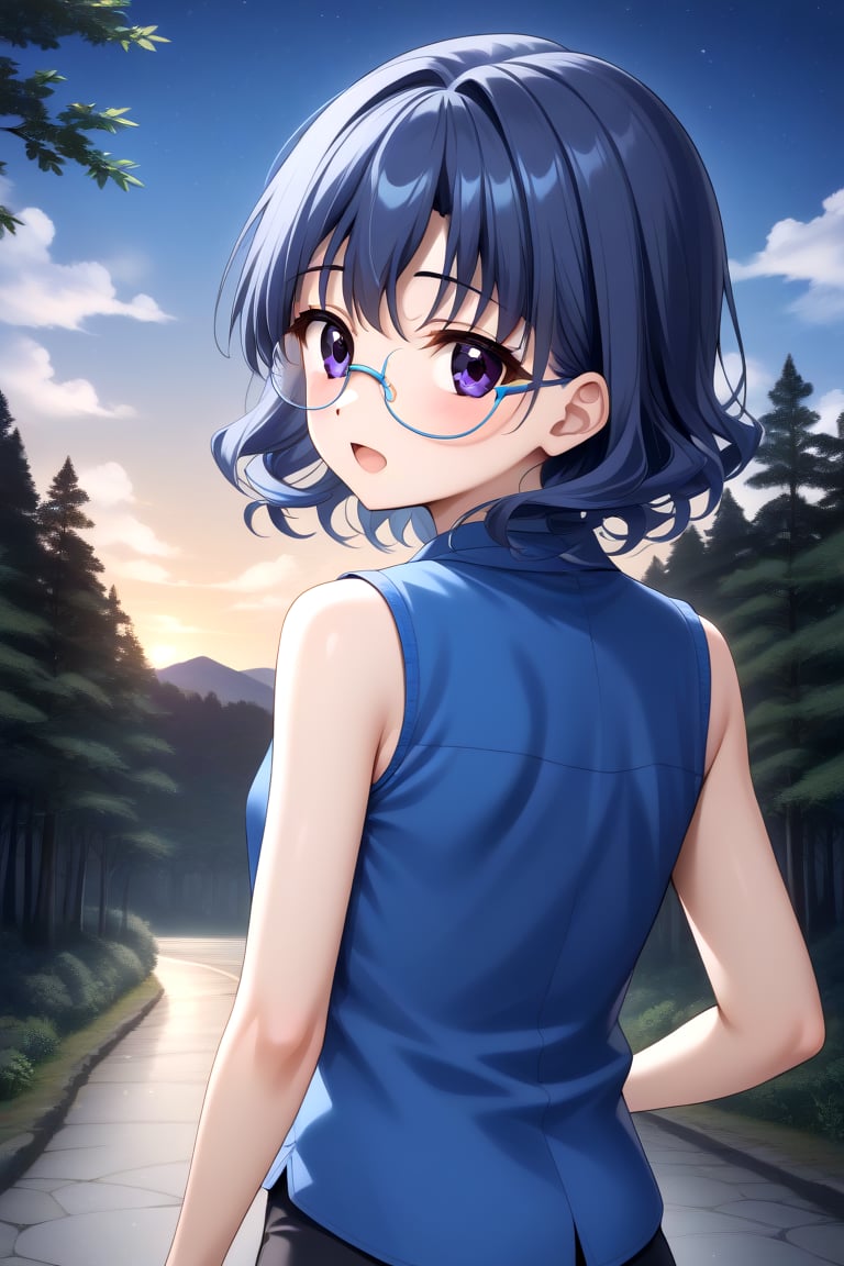 Highly detailed, High Quality, masterpiece, beautiful, 1girl, solo, (feminine focus, young woman, 16 years old), ai yamagata, short hair, blue hair, glasses, black eyes, (small breasts), Open mouth, sleeveless, ((sky blue shirt:1.8)), pants, forest, night, outdoors, from_behind, looking_at_viewer, full_body<lora:EMS-432479-EMS:1.000000>