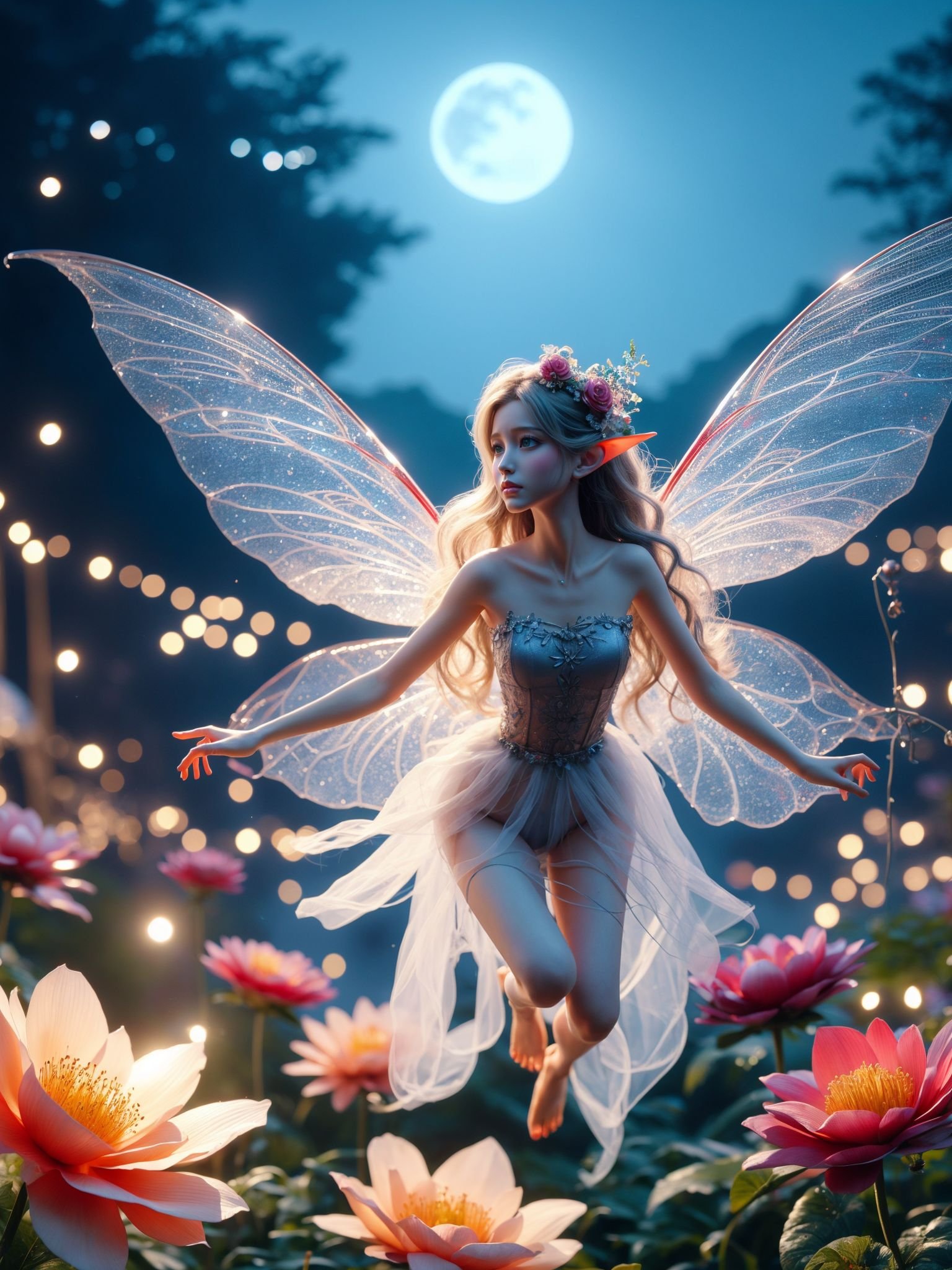 spirit_, 1girl, flower, wings, fairy, pointy ears, solo, barefoot, night, moon, blurry, dress, depth of field, see-through, full moon, long hair, sky, outdoors, night sky, red flower, blurry background, bare shoulders, flying, strapless dress, bokeh, strapless, fairy wings,  <lora:kim_彼岸花精灵_v1:0.85>