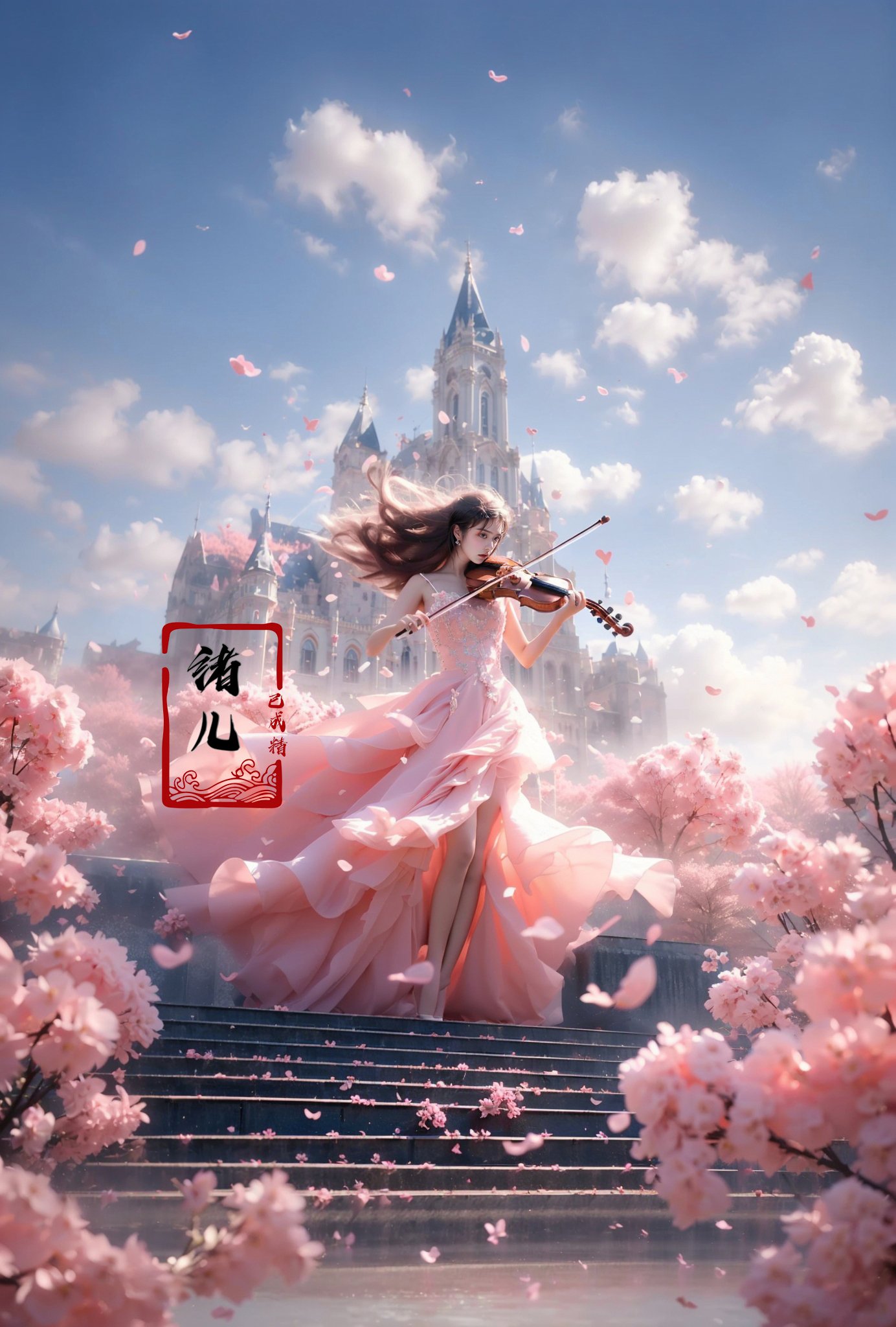 (A girl in a dress is in the air:1.3), playing a violin, (wide shot, wide-angle lens,Panoramic:1.2),super vista, super wide Angle，Low Angle shooting, super wide lens,violin，bare shoulders，petals，pink dress，from below，(white hair:1.2)，blurry foreground，(full body:1.5),<lora:绪儿-小提琴 violin:0.8>