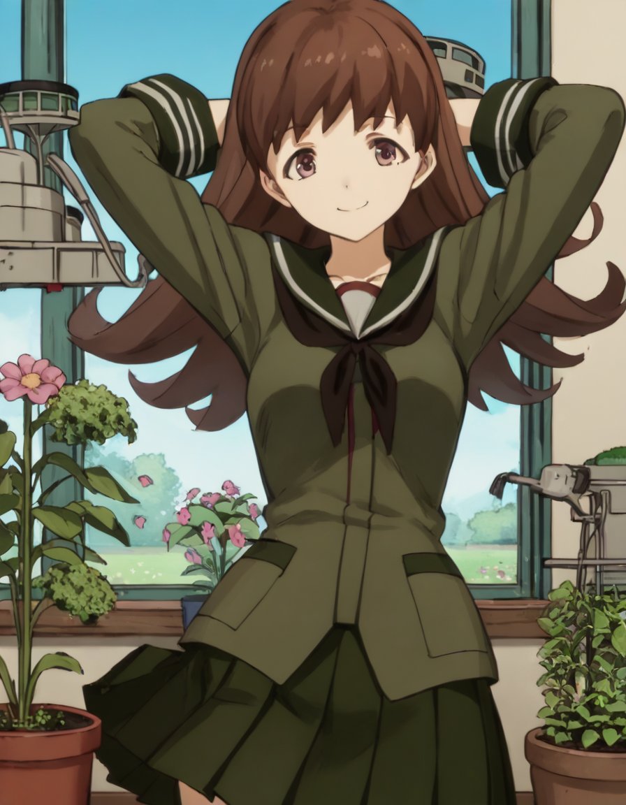 score_9, score_8_up, score_7_up, source_anime, <lora:kacolle-ooi-s1-ponyxl-lora-nochekaiser:1>, ooi, long hair, brown hair, brown eyes, ooi (kancolle), skirt, school uniform, pleated skirt, serafuku,, gardening, watering plants, backyard, flowers blooming, sunny day,, smile, , hands behind head, smile,, solo,, cowboy shot, dutch angle