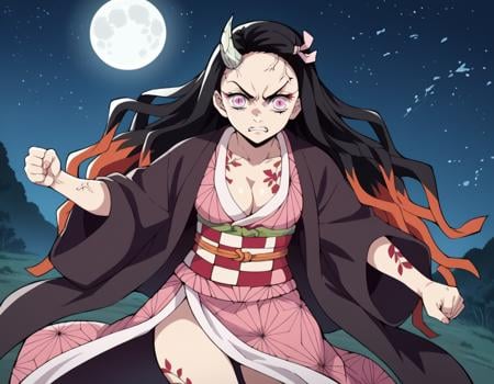 score_9, score_8_up, score_7_up, source_anime,nezukokamado, <lora:nezuko-kamado-anime-ponyxl-lora-nochekaiser:1>,nezuko kamado, black hair, forehead, hair ribbon, long hair, multicolored hair, pink eyes, orange hair, slit pupils, wavy hair, two-tone hair,cleavage, japanese clothes, horns, kimono, sash, obi, demon girl, angry, single horn, veins, pink kimono, cracked skin, checkered sash, tattoo, thighs,outdoors, night, landscape, moon, starry sky, fighting stance,solo, dutch angle, looking at viewer, cowboy shot,