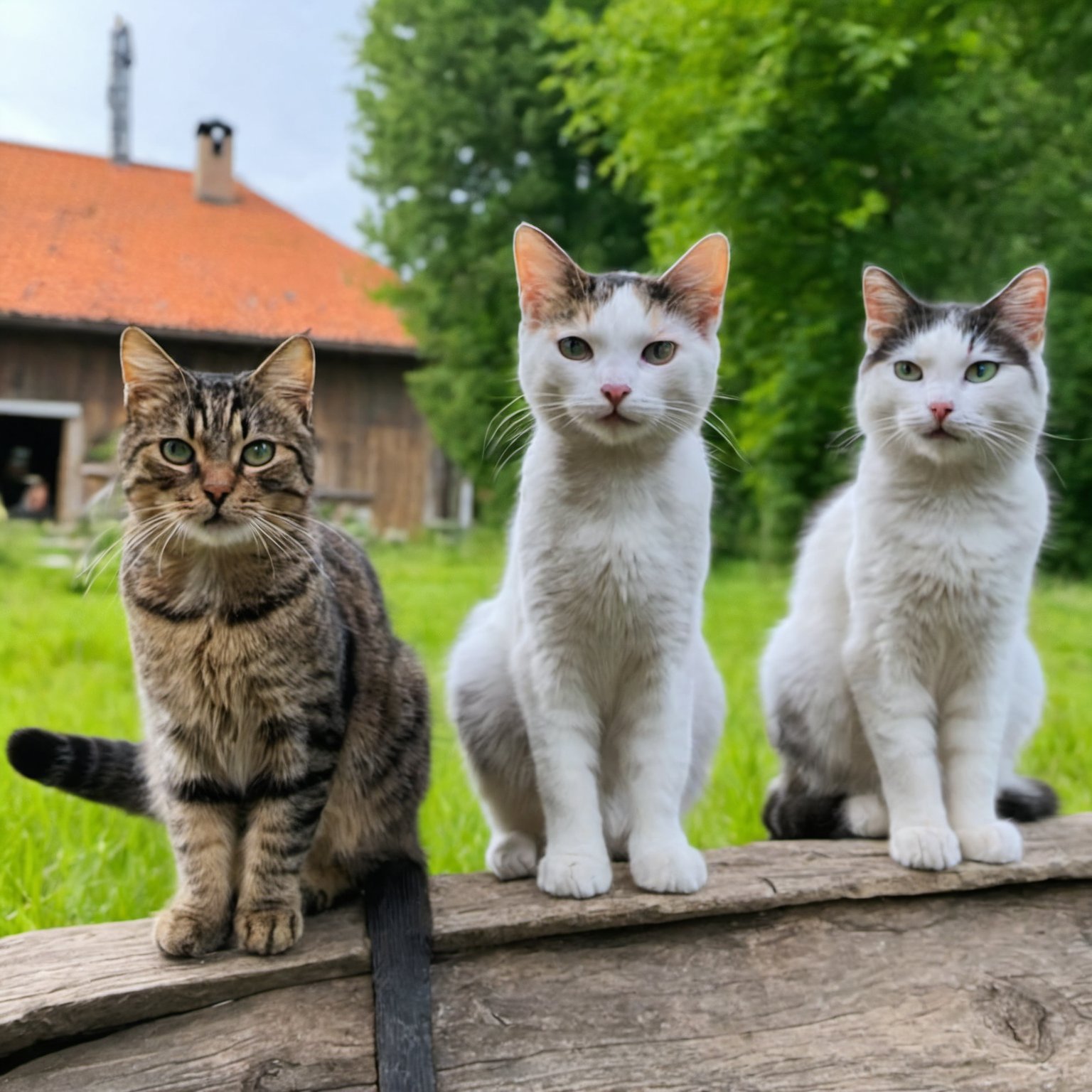 Fantastical multiple cats, The German Countryside in background, Electic Colors, fairy tale, aw0k cat