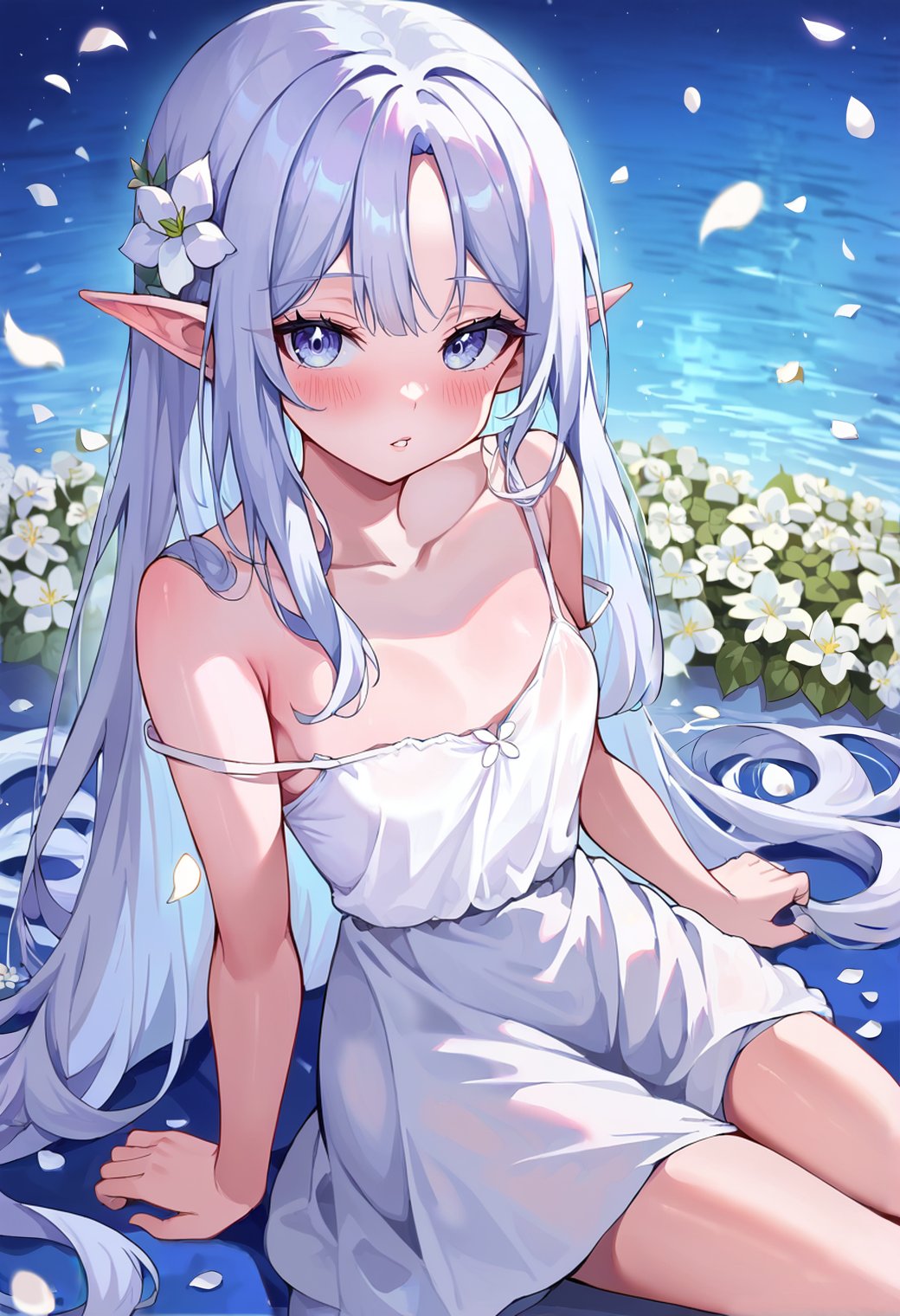 1girl, pointy ears, solo, flower, looking at viewer, elf, sitting, long hair, strap slip, white flower, parted lips, white camisole, seiza, bare shoulders, petals, blush,<lora:absurdres_quality:1> masterpeice, best quality, very aesthetic, absurdres