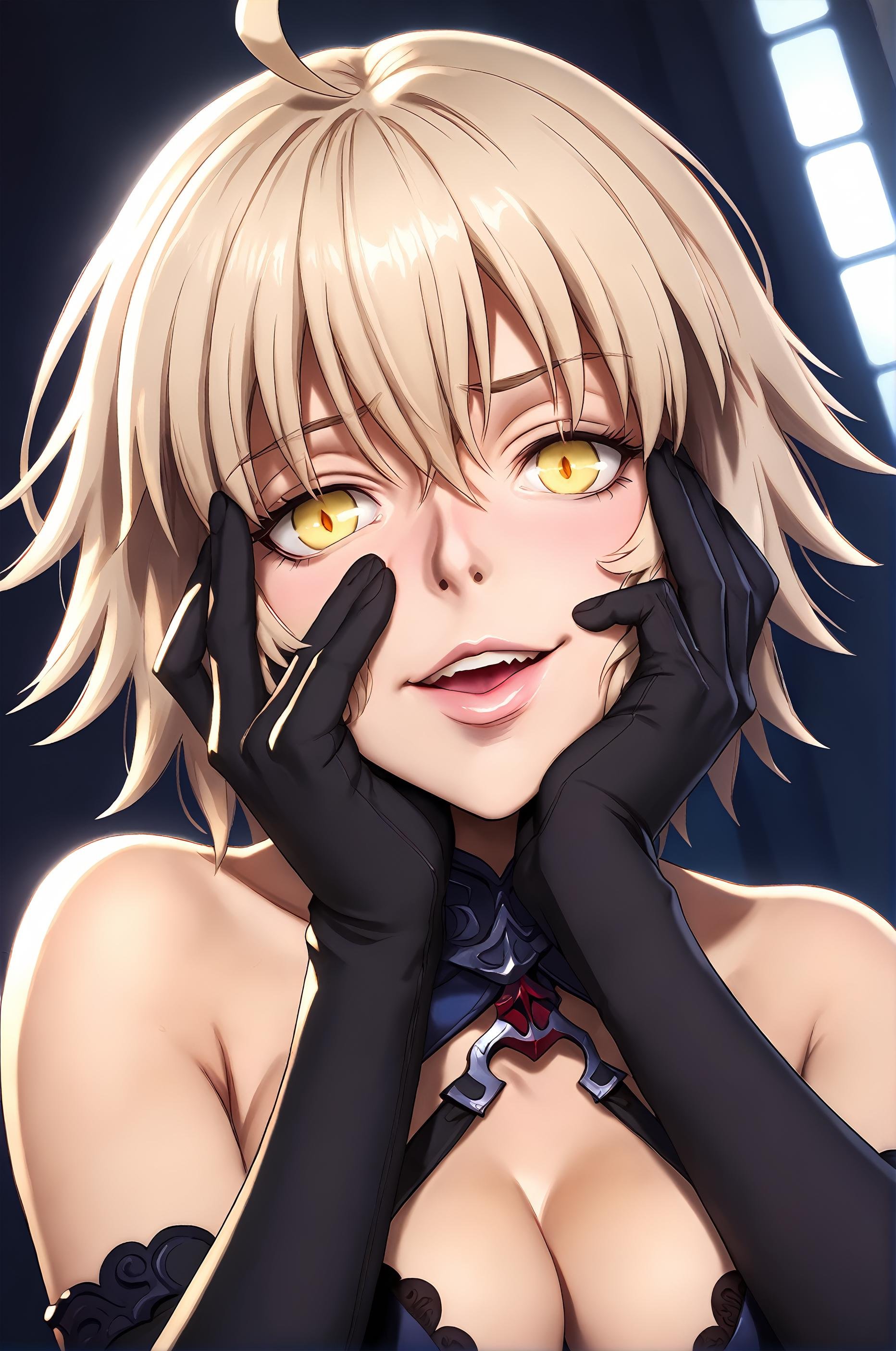 score_9,<lora:yandere_trance_v1_pruned:1>, yandere trance, close-up, jeanne d'arc alter \(fate\), black elbow gloves, <lora:pony_2.5DCartoonV2:0.8>,high resolution, Masterpiece, detailed