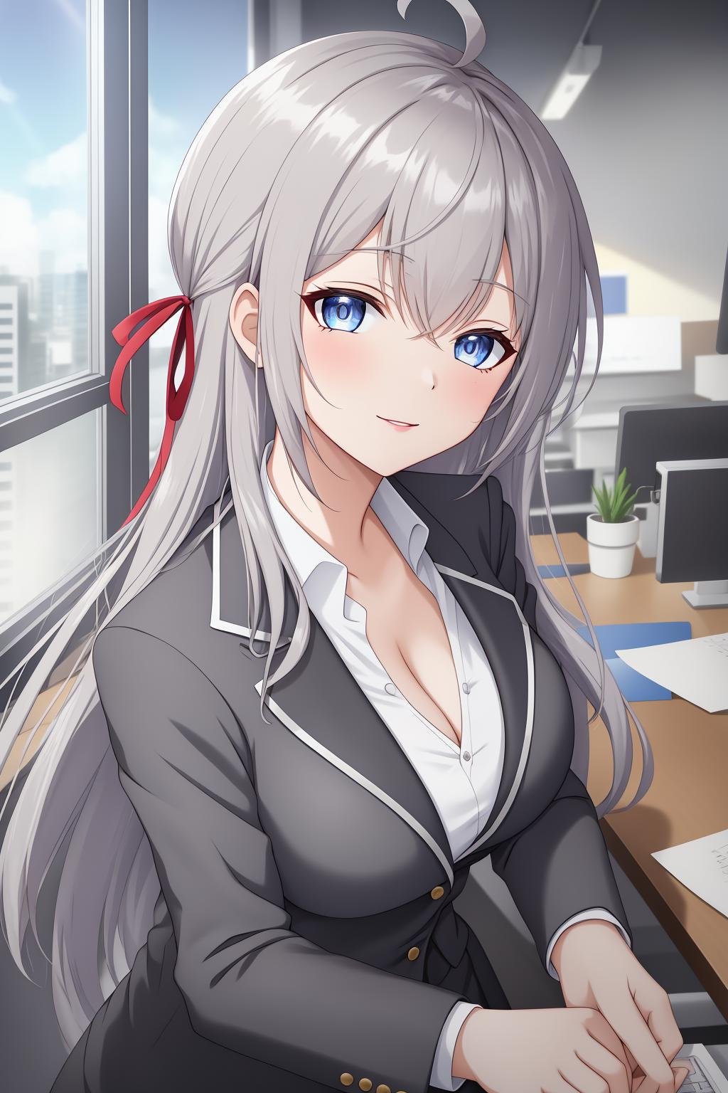 alisa,1girl,solo,long_hair,looking_at_viewer,bangs,blue_eyes,hair_between_eyes,hair_ribbon,ahoge,grey_hair, formal_suit, office_suit,blouse,office,cleavage