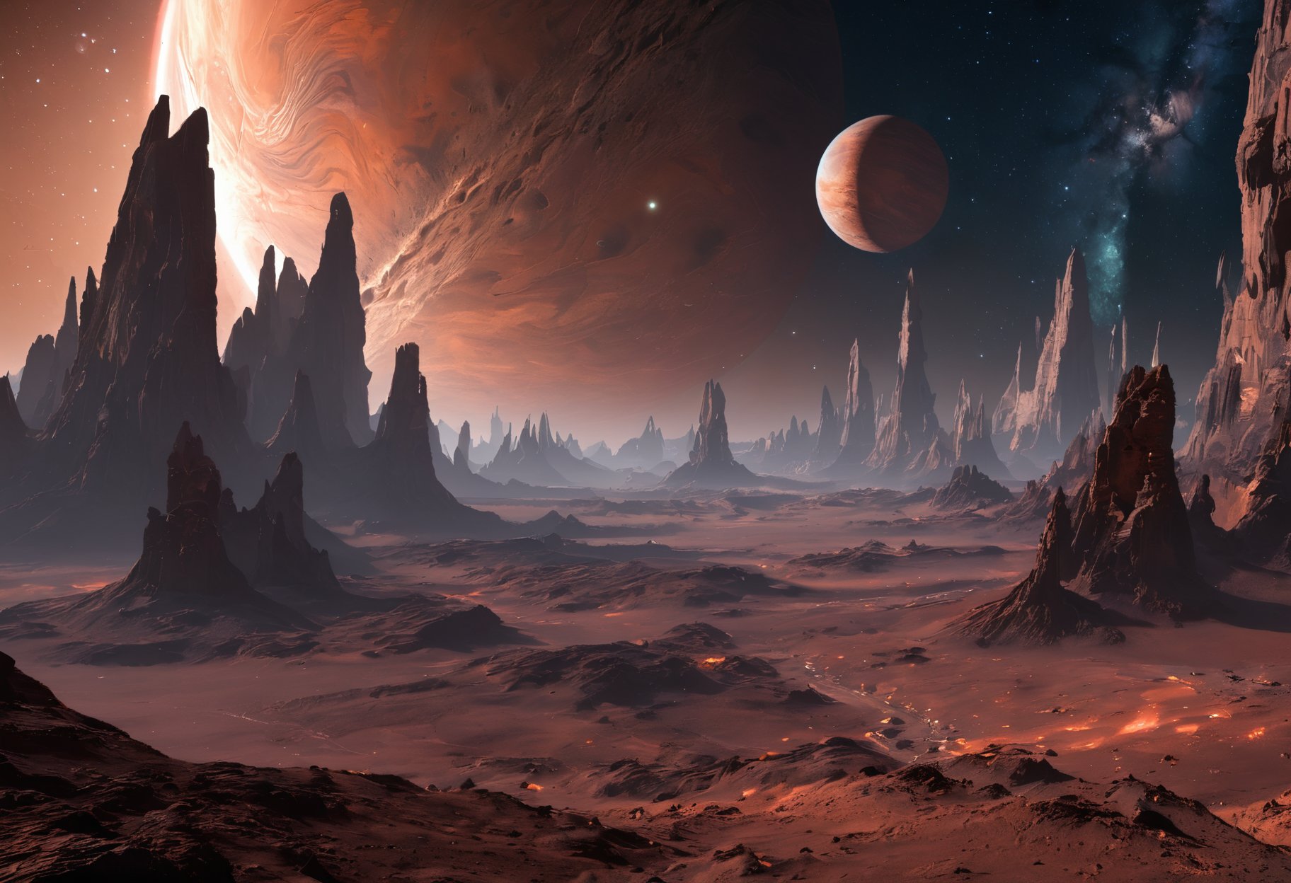 A rugged, rocky landscape on a rogue planet drifting through the galaxy, withtowering mountains, deep canyons, and strange, glowing formations that seem to defy gravity.