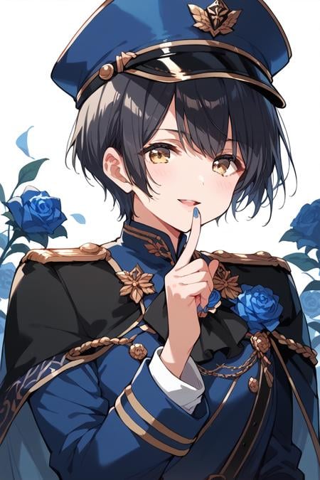 score_9, score_8_up, score_7_up, score_6_up, 1girl,<lora:Miyake_Aoi:0.9> aoi, black hair, short hair, blue jacket, epaulets, blue cap, blue rose,