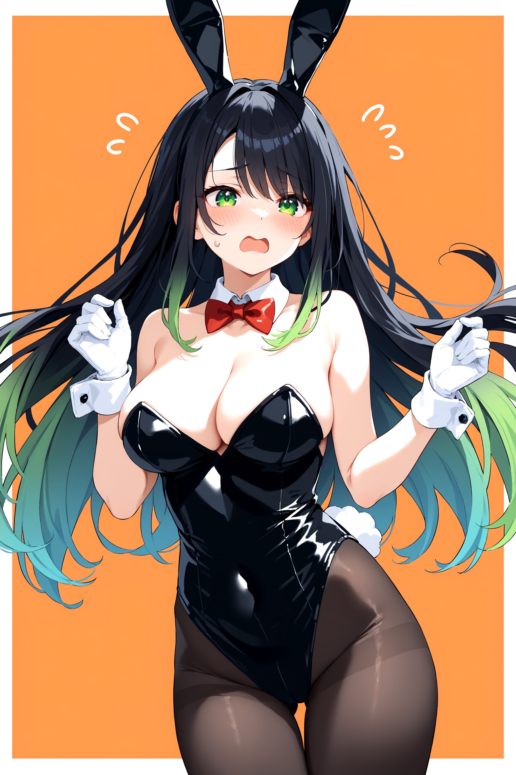 1girl, animal ears, bare shoulders, black hair, black leotard, blush, bow, bowtie, breasts, cleavage, detached collar, eyebrows visible through hair, fake animal ears, flying sweatdrops, gloves, gradient hair, green eyes, large breasts, leotard, multicolored hair, open mouth, orange background, pantyhose, playboy bunny, rabbit ears, rabbit tail, red bow, red bowtie, solo, strapless, tail, two-tone hair, white border, white gloves, wrist cuffs, score_9_up, score_8_up, masterpiece, best quality