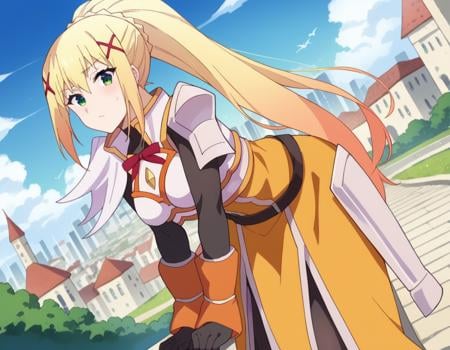 score_9, score_8_up, score_7_up, source_anime,lalatinadustinessford, <lora:lalatina-dustiness-ford-s2-ponyxl-lora-nochekaiser:1>,darkness \(konosuba\), long hair, green eyes, blonde hair, hair ornament, ponytail, braid, x hair ornament,gloves, armor, bodysuit, shoulder armor, armored dress,outdoors, cityscape, bent over,looking at viewer, dutch angle, cowboy shot,