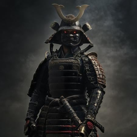 cinematic film still of  <lora:shogun style:1>Shogun Yoshimitsu a man in armor with a sword and a helmet,solo,red eyes,1boy,standing,weapon,male focus,horns,sword,armor,katana,helmet,black background,shoulder armor,gauntlets,sheath,clenched hand,clenched hands,sheathed,japanese armor,scabbard,faulds,samurai , Japanese culture, Samurai, armor, warrior, horror theme, Shogun style, shallow depth of field, vignette, highly detailed, high budget, bokeh, cinemascope, moody, epic, gorgeous, film grain, grainy