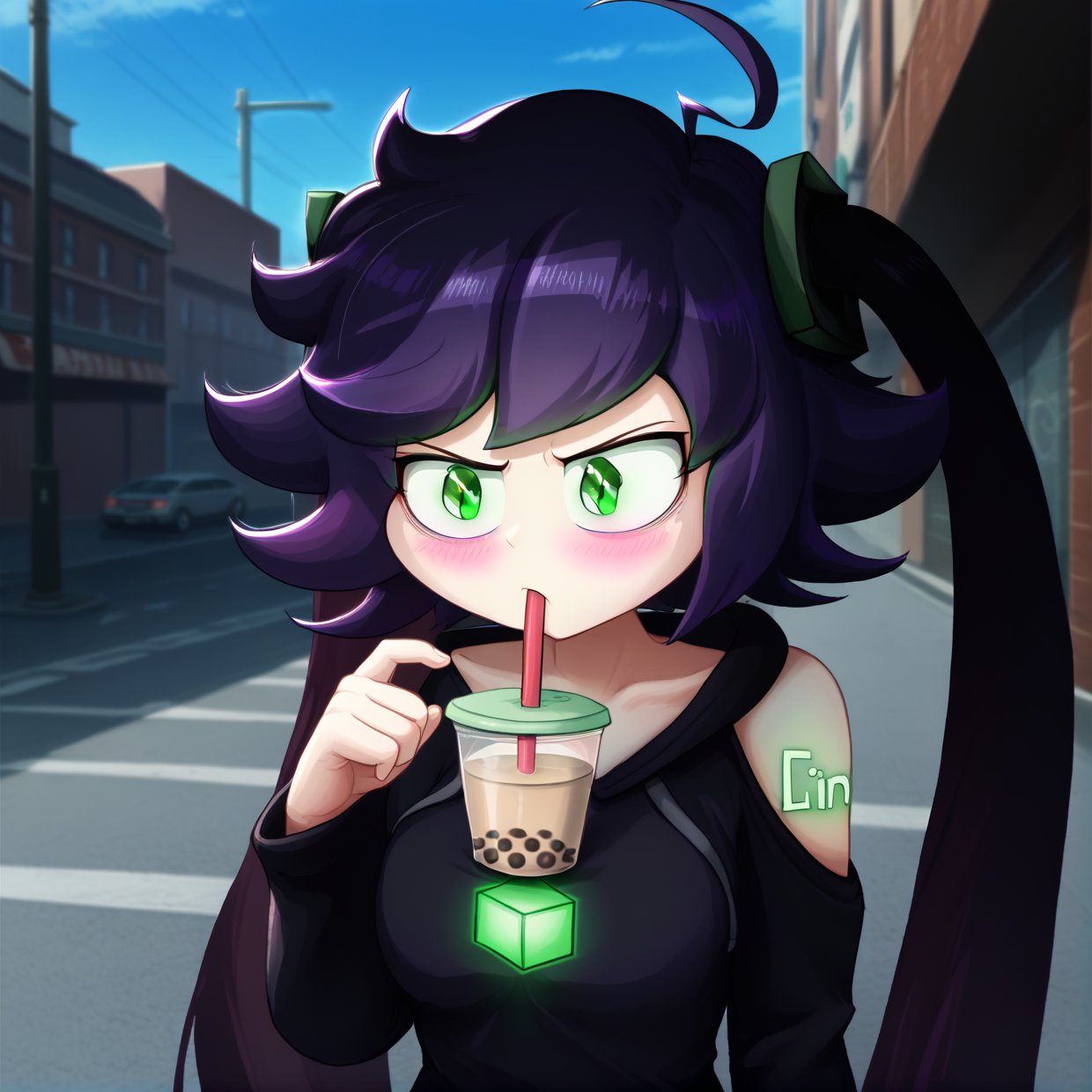 score_9_up, score_8_up, score_7_up, IC0n, 1girl, solo, short purple hair, green eyes, (ahoge), long twin tails, frown, blush, black hoodie, glowing green cube on chest, glowing green tattoos on shoulders, open shoulders, bubble tea challenge, object on breast, drinking straw in mouth, upper body, BREAK, outdoors, street, city<lora:EMS-417767-EMS:1.000000>, <lora:EMS-417016-EMS:1.000000>