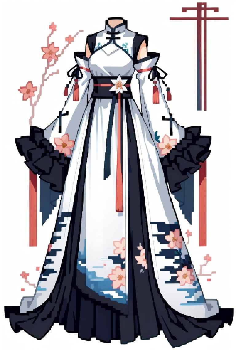 CostumeDesigning, dress, breasts, solo, full body, white background, chinese clothes, standing, sleeves past fingers, sleeves past wrists, long hair, floral print, tassel, long sleeves, simple background, wide sleeves, white dress, flower, <lora:20240531-1717117400420:0.8>