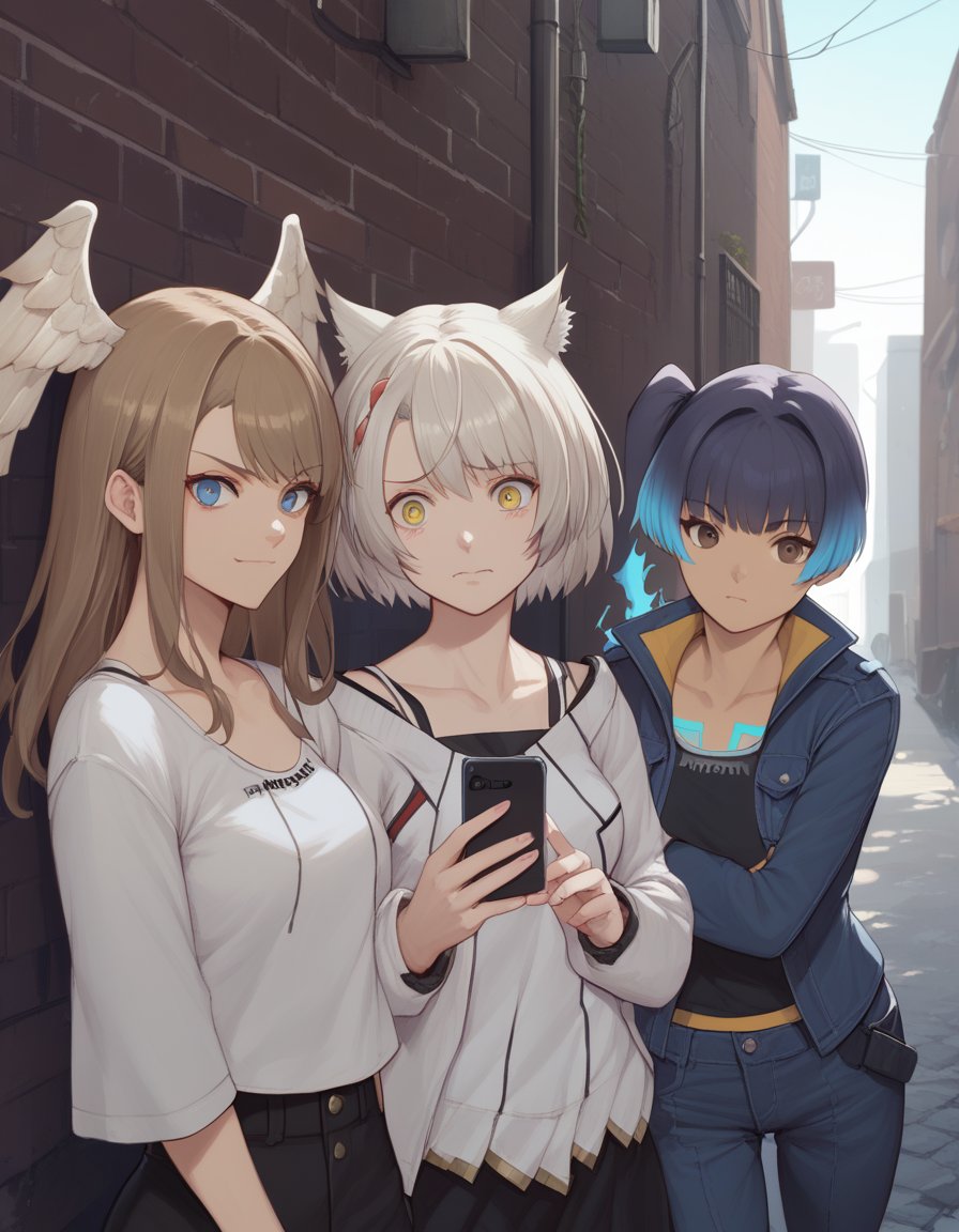 score_9, score_8, score_7, source_anime,<lora:xb3-ponyxl-000003:0.35>3girls, fashion, alley, upper bodyBREAKeunie, head wings, smirkBREAKmio, embarrassed, looking at phoneBREAKsena, blue hair, curious