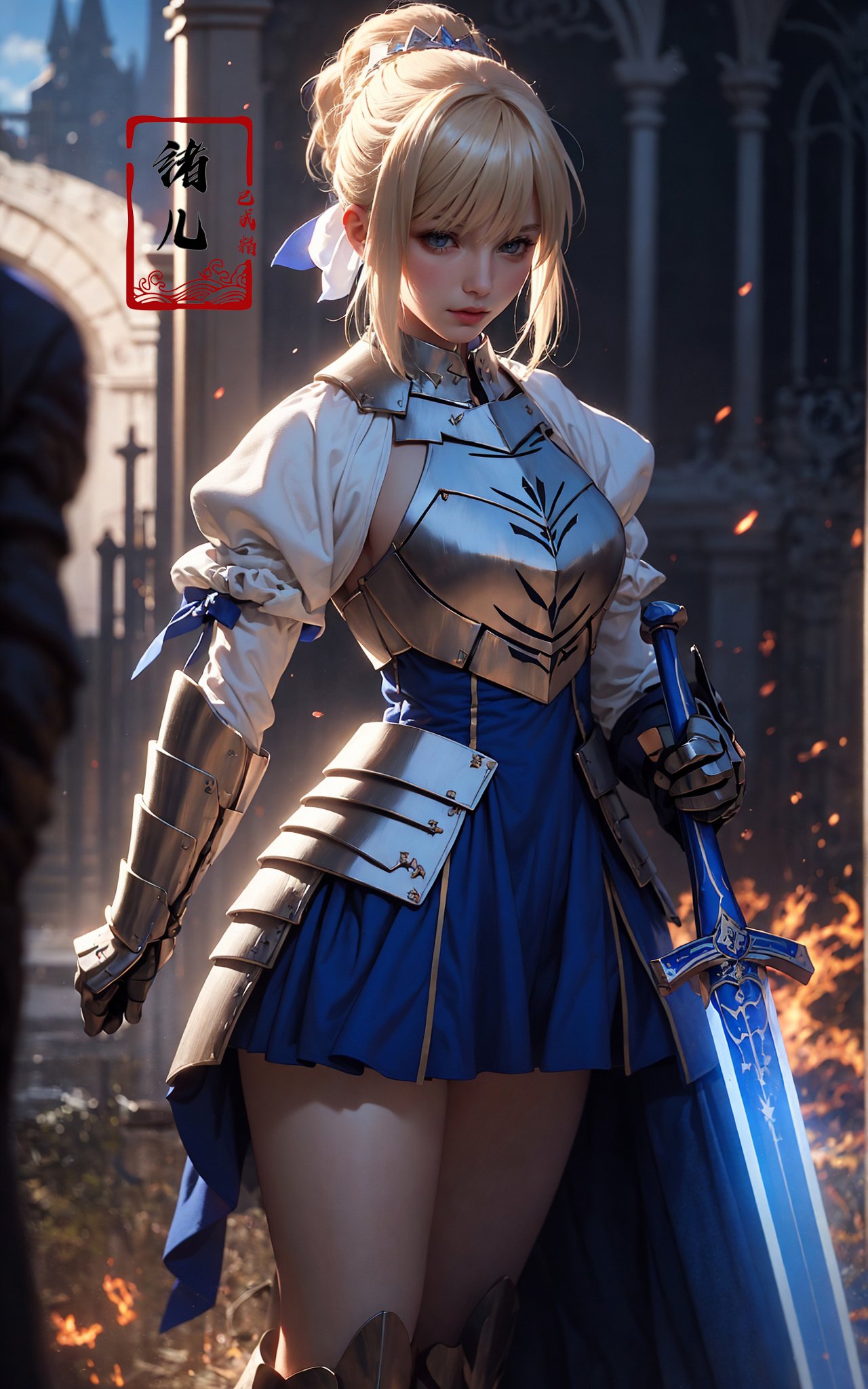 Epic CG masterpiece, hdr,dtm, full ha,8K, ultra detailed graphic tension, dynamic poses, stunning colors, 3D rendering, surrealism, cinematic lighting effects, realism, 00 renderer, super realistic, full - body photos, super vista, super wide Angle, HD，(solo focus:1.7)，Castle background,Saber，1girl, In hand huge flame great sword，Blue dress，Blue cape，Blue bow，gorgeous armor，platinum blonde hair，A shot with tension，(sky glows red,Visual impact,giving the poster a dynamic and visually striking appearance:1.2),<lora:绪儿-Saber:0.8>