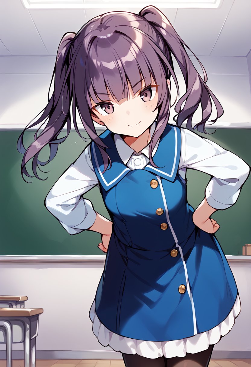 score_9, score_8_up, score_7_up, source_anime BREAKichijou ayaka, st-amalthea school uniform, 1girl, solo, twintails, purple eyes, purple hair, smile, looking at viewer, black legwear, eyebrows visible through hair, hands on hips, blue dress, long hair, closed mouth, white shirt, frills, sidelocks, leaning forward, cowboy shot, buttons, school uniform, shiny hair, frilled dress, blunt bangs, collared shirt, small breasts, sleeveless dress, shiny, medium hair, standing, blue skirt, blush, crossed arms, legs together, frilled skirt, double-breasted, short dress, two side up, light smile, wing collar, blue vest, short twintails, juliet sleeves, head tilt, eyebrows, hand on hip, hair between eyes, puffy long sleeves, hands on own hips, black pantyhose, pinafore dress, brown pantyhose, light blush, indoors, classroom<lora:ichijou_ayaka_sdxl_pony_locon_v1:0.8>
