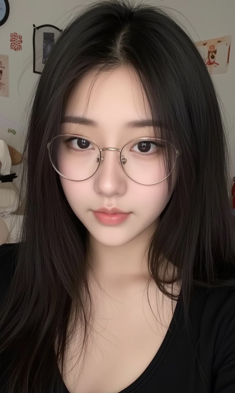 This is a real high-definition photo,Young woman, oval face, almond-shaped eyes, neutral expression, long dark hair, light makeup, wearing a black top and glasses, contemporary style, indoor background with wall decorations, full-body shot, soft natural lighting, clear skin texture.