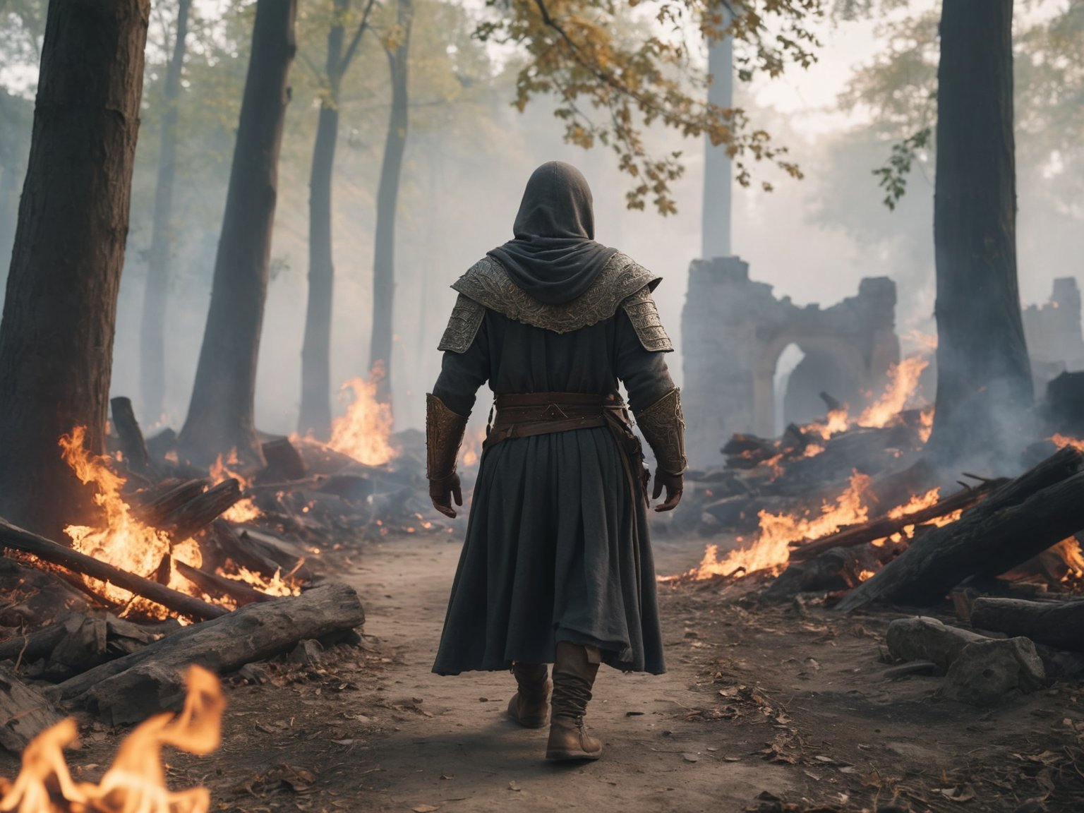 khaluub walking through a medieval ruins covered in smoke, solo, 1other, blurry, no humans, fire, ((smoke)), forest, ruins, burning trees, smoke, embers, fire, realistic:1.1, depth of field 32k uhd, eerie, horror, dark fantasy, cinematic, RAW photo, detailed photo, gorgeous, shallow depth of field, bokeh, (surreal:0.4), hyper detailed photorealistic life-like accurate proportional 8k sharp focus, (accurate cinematic lighting), photorealistic detail, (selective focus:0.6)