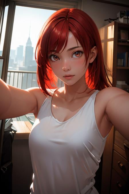 masterpiece, best quality,Ray tracing, hdr, volumetric lighting,1girl, red hair,   <lora:Selfie_FefaAIart:1>, selfie,