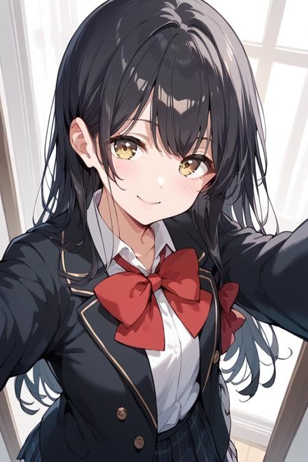 score_9, score_8_up, score_7_up, score_6_up, 1girl, <lora:Miyake_Aoi:0.9> aoi, black hair, long hair, black jacket, red bow tie, school uniform, selfie,