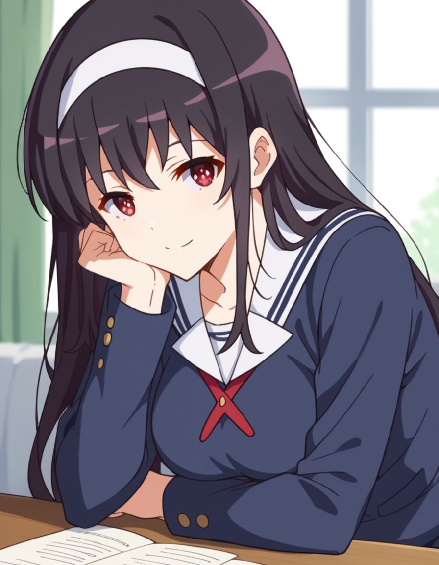 score_9, score_8_up, score_7_up, source_anime, <lora:utaha-kasumigaoka-s2-ponyxl-lora-nochekaiser:1>, utaha kasumigaoka, black hair, hairband, long hair, red eyes, large breasts,, long sleeves, school uniform, skirt, pantyhose,, indoors, smile, looking at viewer, solo, sitting, head rest, table,, cowboy shot, dutch angle