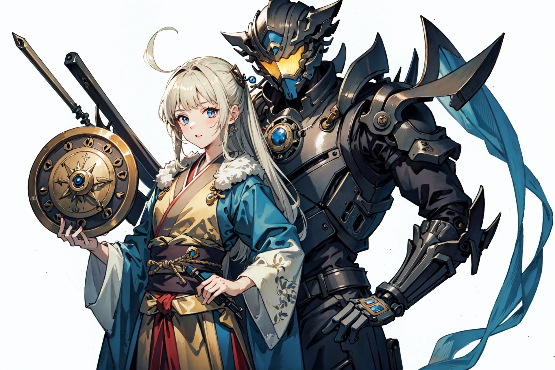 (best quality), oriental detailed background,mechanical arms,girl with man , alchemist