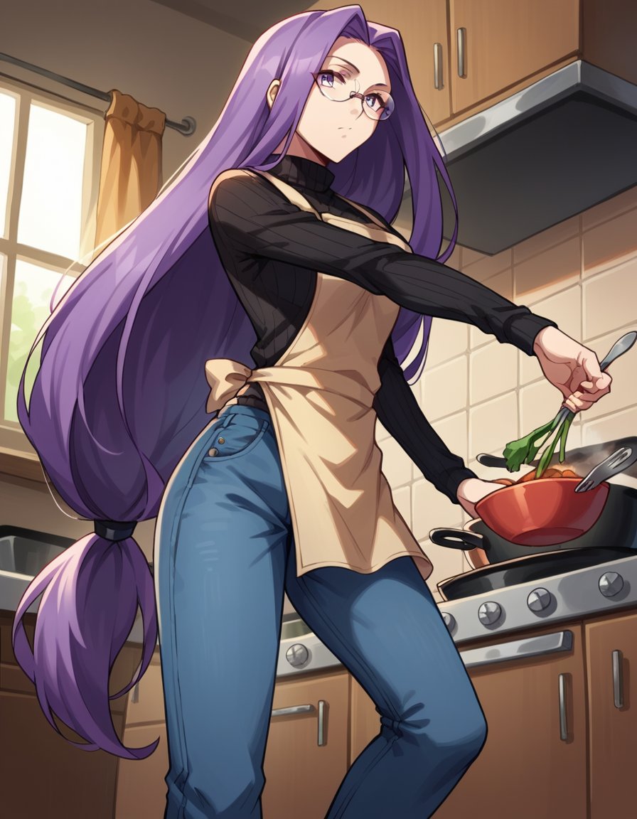 score_9, score_8_up, score_7_up, source_anime, <lora:medusa-rider-hf-movie-ponyxl-lora-nochekaiser:1>, medusa rider, long hair, very long hair, purple hair,, long sleeves, purple eyes, glasses, pants, sweater, turtleneck, denim, low-tied long hair, jeans, black sweater,, kitchen, cooking, apron, cutting vegetables, home cooking, , looking at viewer, hand reaching forward, knee up, arm down, solo,, cowboy shot, dutch angle