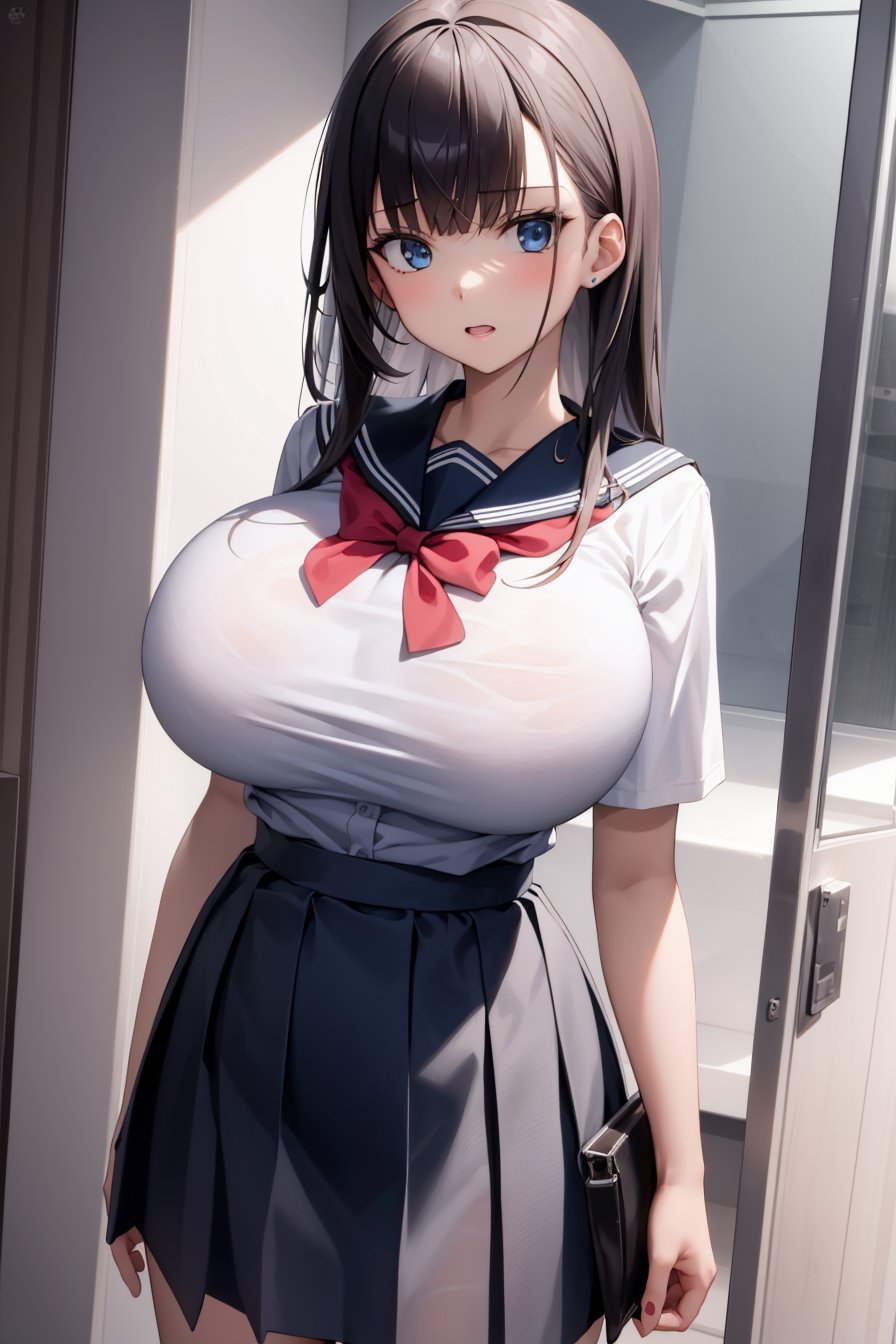 masterpiece, best quality, 1girl, solo, large breasts, (breast implants, fake tits, unaligned breasts, perfectly round breasts), SFW, school uniform,  serafuku, standing, cowboy shot, looking at viewer,  <lora:ImplantsAF:1>