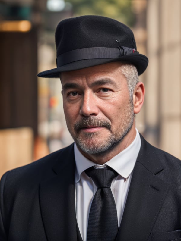 1boy, bald, beard, black jacket, black necktie, blurry background, facial hair, formal, hat, jacket, looking at viewer, male focus, mustache, necktie, old, old man, solo, suit, upper body,<lora:SD1.5_Dadbear.V2:0.7>,