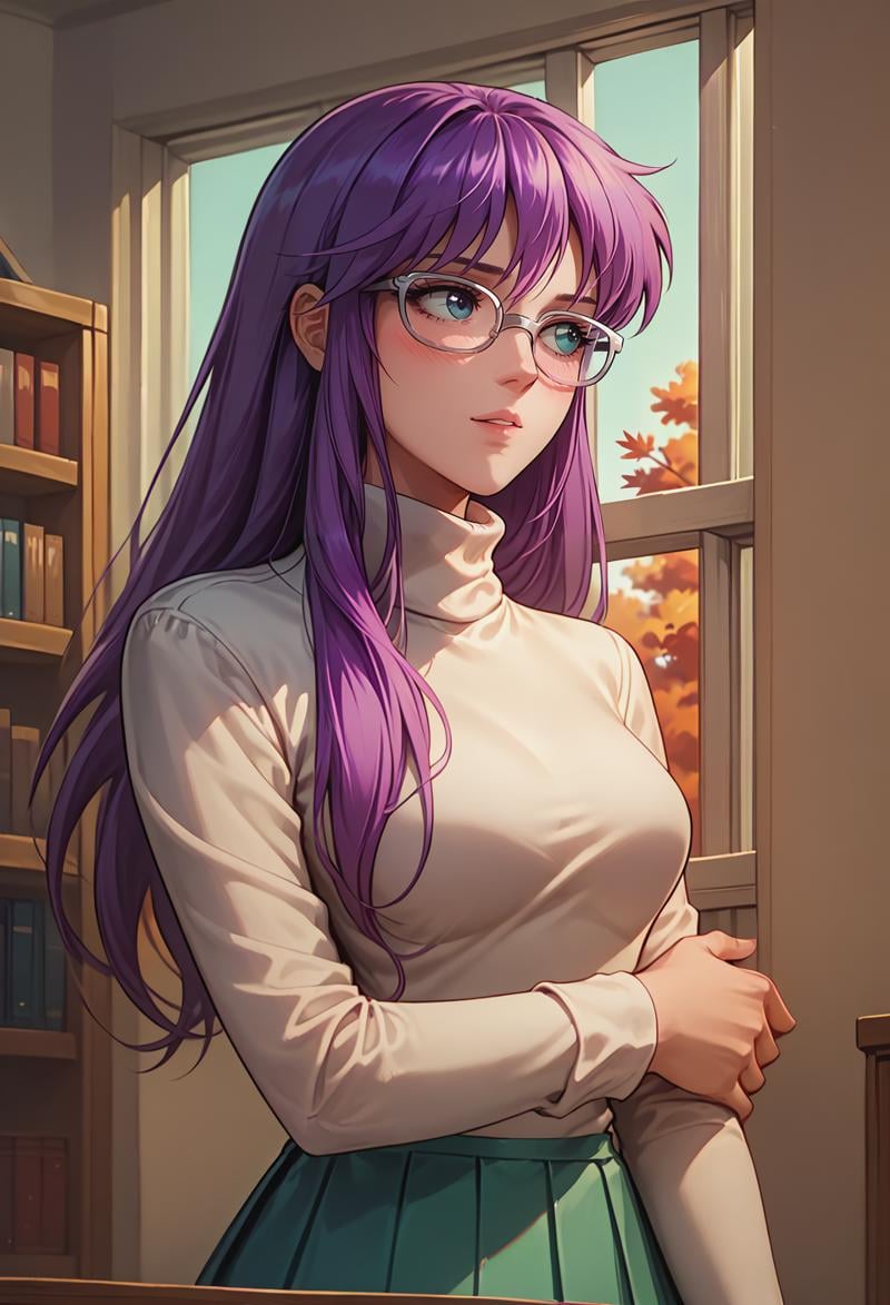 score_9, score_8_up, score_7_up,<lora:SaoriKido_Pony_v11-12:1> athenakido, purple hair, blush, looking away, shy, light smile, parted lips, holding own arm, turtleneck sweater, pleated skirt, glasses, bookshelf, window, autumn, sunny,