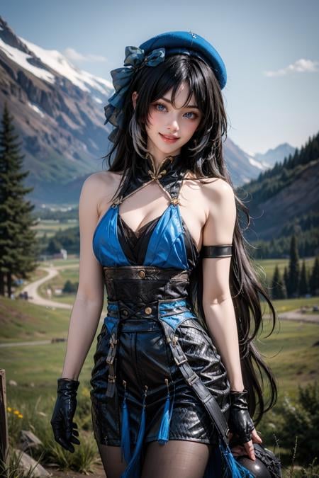 cowboy shot,1girl,solo,smile,looking at viewer,standing,yangyang cosplay costume,yangyang,cosplay,black hair,long hair,multicolored hair,white hair,dress,hat,bare shoulders,detached collar,single glove,arm strap,gloves,pantyhose,black pantyhose,water,field,mountain,nature,nature view,detailed background,<lora:WutheringWaves_Yangyang_cosplay_costume_v1:0.7>,<lora:Background_Detail_v3:1>,<lora:background & distence control:-1>,