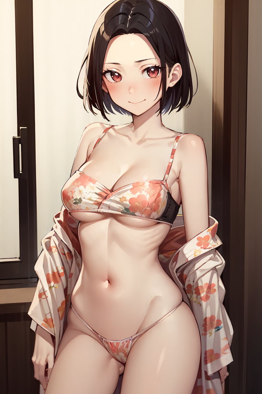 (masterpiece, best quality), 1girl, (solo), looking at viewer,light smile, closed mouth, blush,<lora:AngryExGF (Stopman)-offset:0.8>, Angry-Ex-GF, red eyes, breasts, forehead,<lora:open_kimono:0.85> (nsfw), (open kimono), navel, off-shoulder, floral print, bra, thongs,